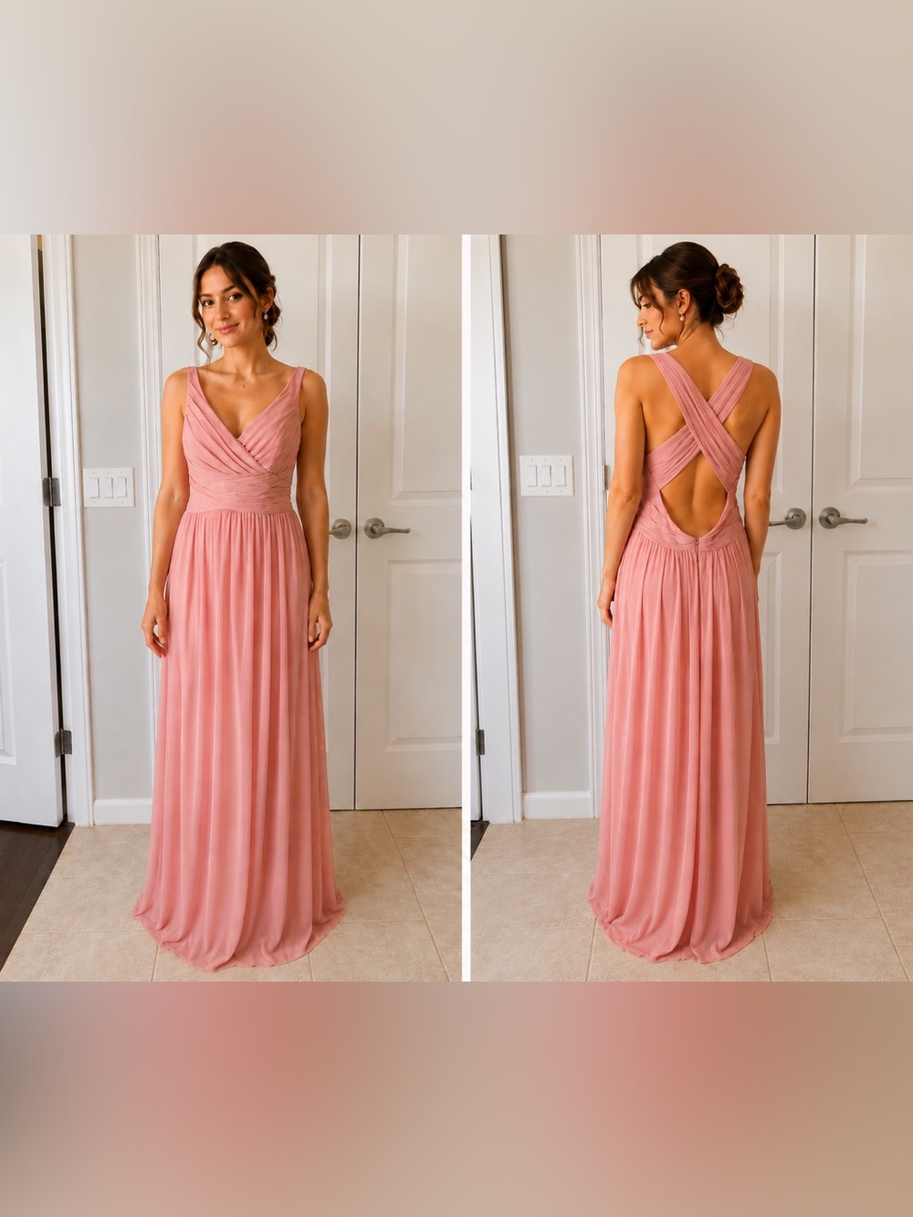 David’s Bridal Blush Pink Maxi Dress Size 14 Cross Back Formal Gown